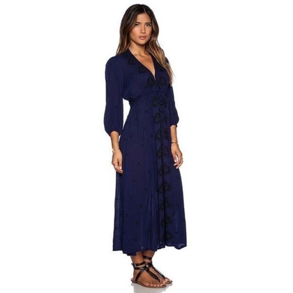 Free People Fable Embroidered Maxi Dress in Navy L